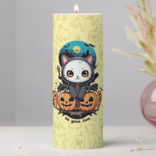 Boo to You Too   Cute Cat Bat Wings & Pumpkin Pillar Candle