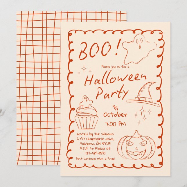 Boo! Trendy Hand Drawn Sketchy Halloween Party   Invitation (Front/Back)
