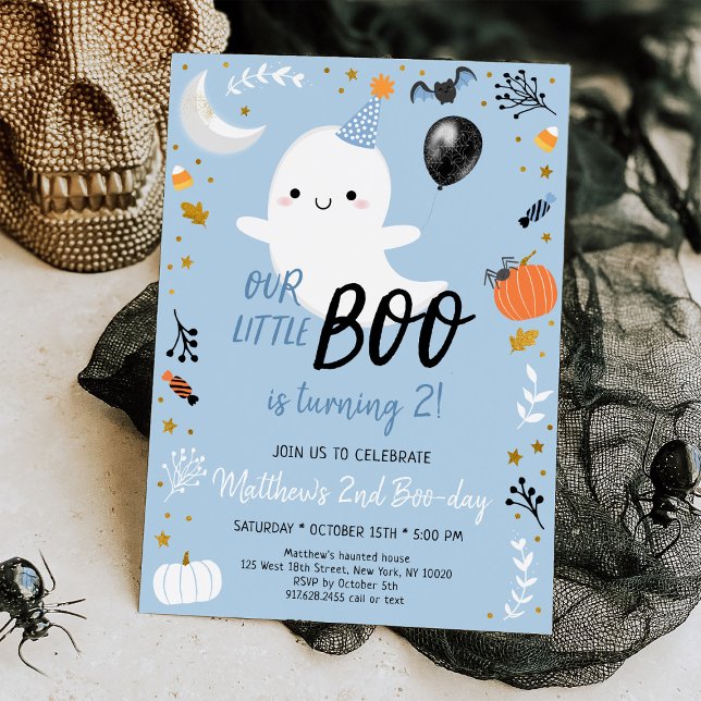 Boo Turning Two Blue Ghost Halloween Birthday Invitation (Creator Uploaded)