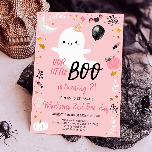 Boo Turning Two Pink Ghost Halloween Birthday Invitation