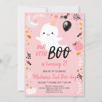 Boo Turning Two Pink Ghost Halloween Birthday Invitation