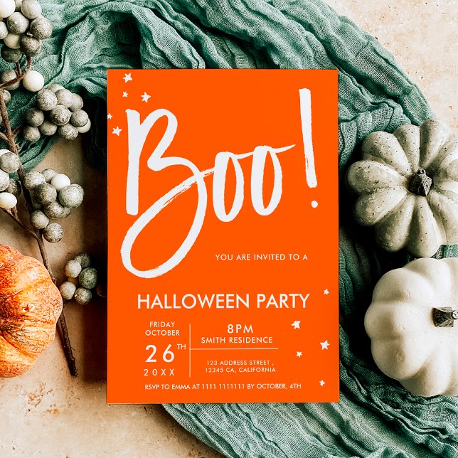 Boo typography orange Halloween party stars Holiday Postcard (Boo typography orange Halloween party stars Holiday Postcard)