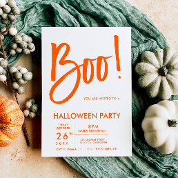 Boo typography white orange Halloween party Holiday Postcard