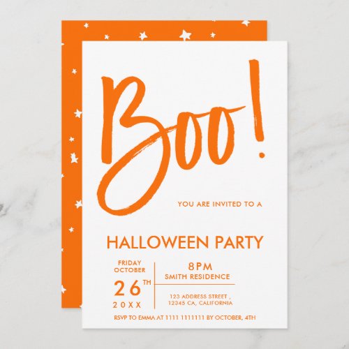 Boo typography white orange Halloween party stars Invitation