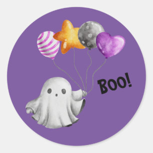 Boo! Whimsical Ghost With Balloons Classic Round Sticker