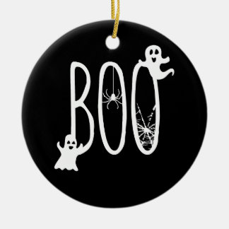 Boo Whimsical Ghosts & Spider Halloween Black Ceramic Ornament