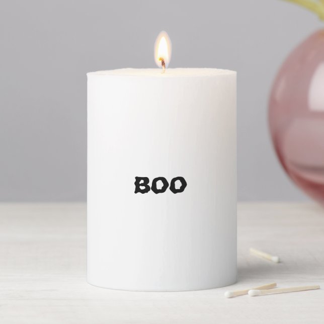Boo white black spooky ghost typography Halloween Pillar Candle (In Situ)