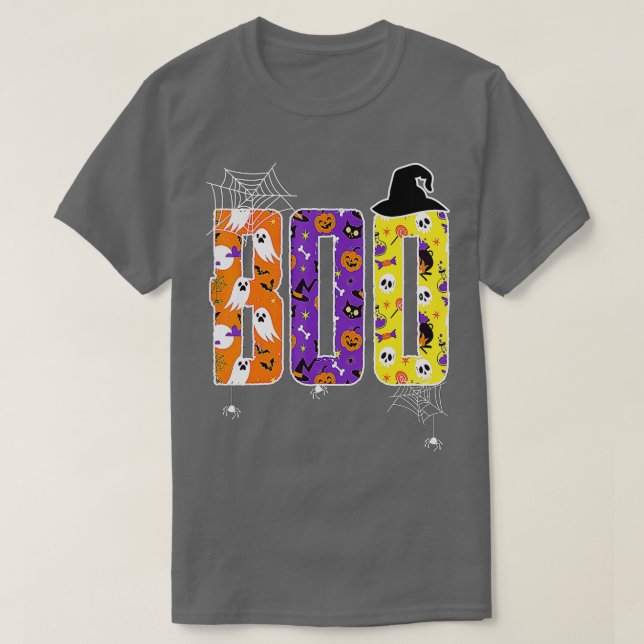 Boo With Spiders And Witch Hat Funny Halloween Fav T-Shirt (Design Front)