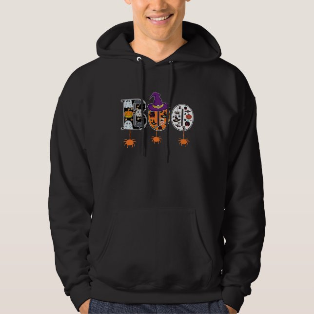 Boo With Spiders And Witch Hat Halloween Hoodie (Front)