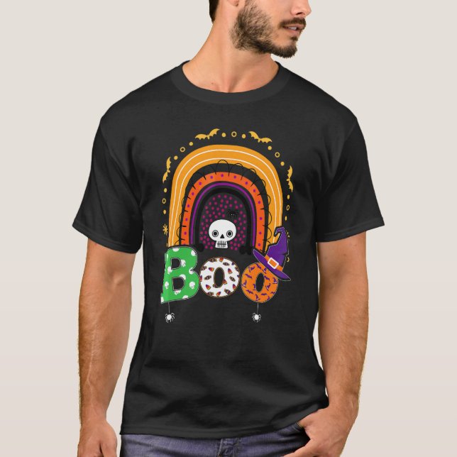 Boo With Spiders And Witch Hat Halloween Rainbow   T-Shirt (Front)