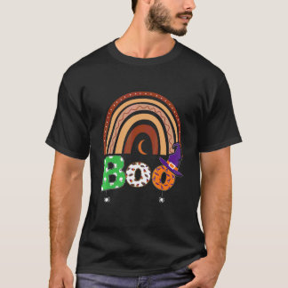 Boo With Spiders And Witch Hat Halloween Rainbow   T-Shirt