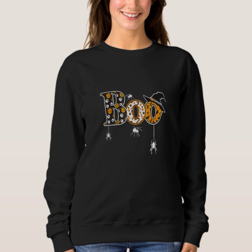 Boo With Spiders And Witch Hat Halloween Sweatshirt