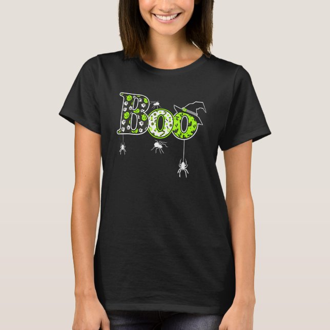 Boo With Spiders And Witch Hat Halloween T-Shirt (Front)