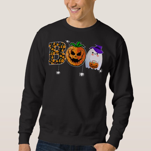 Boo With Spiders Ghost Pumpkin And Witch Hat Hallo Sweatshirt (Front)