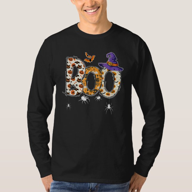 Boo With Spiders Witch Hat Halloween Costume Party T-Shirt (Front)