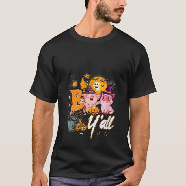 Boo Y all Cute Pig Witch Hat Pumpkin Farm Hallowee T-Shirt (Front)