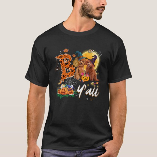 Boo Y all Cute Poodle Dog Loves Moon Hat Witch Hal T-Shirt (Front)