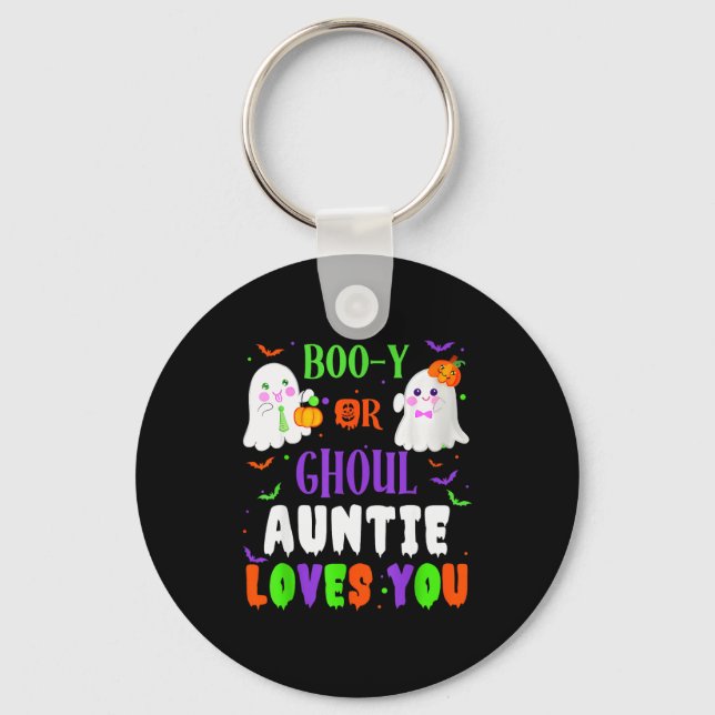 Boo-y Or Ghoul Auntie Loves You Boo Halloween Baby Keychain (Front)