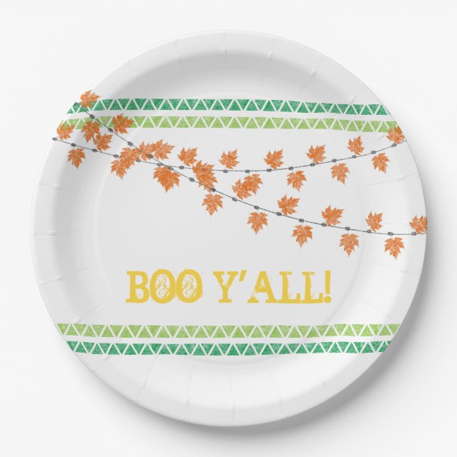 BOO Y'ALL Family Friendly Fall Leaves Halloween Paper Plates (Front)