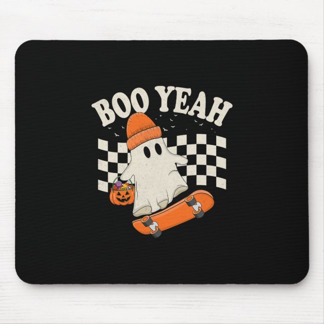 Boo Yeah Ghost Skateboarding Funny Halloween Ghost Mouse Pad (Front)