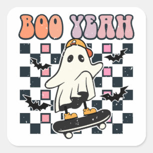 Boo Yeah - Retro Cute Ghost Skateboard Square Sticker