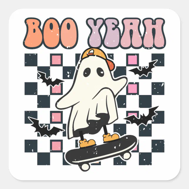 Boo Yeah - Retro Cute Ghost Skateboard Square Sticker | Zazzle