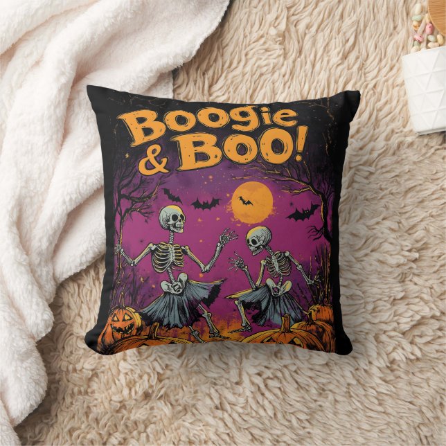Boogie & Boo! - Halloween Skeletons and Pumpkins Throw Pillow (Blanket)