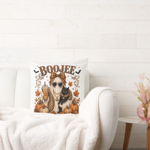 Boojee Ghost Halloween Pumpkin Coffee Black Cat Throw Pillow