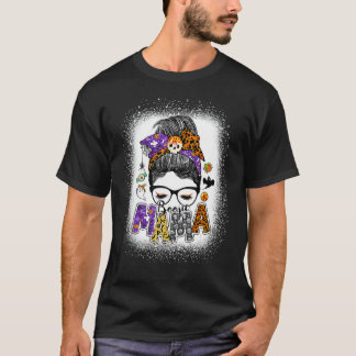 Boojie Mama Halloween Monster Messy Bun Skull Mom  T-Shirt