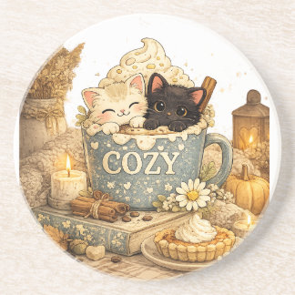 book,  a mug, Teacup cats, Warm vibes, Cute pink s Coaster