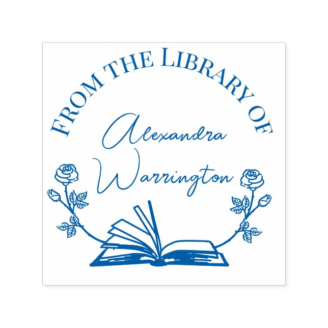 Book and Botanical Roses  #1 Library Script Name Self-inking Stamp (Design)