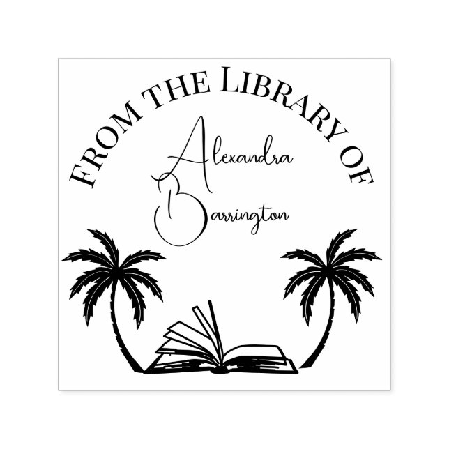 Book and Palm Trees #1 Library Script Name Self-inking Stamp (Design)