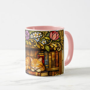 Book and Sleeping Cat Lovers Faux Stain Glass Mug