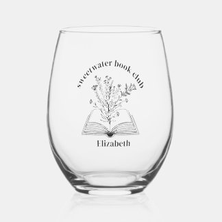 Book and Wildflowers Custom Name and Club Stemless Wine Glass