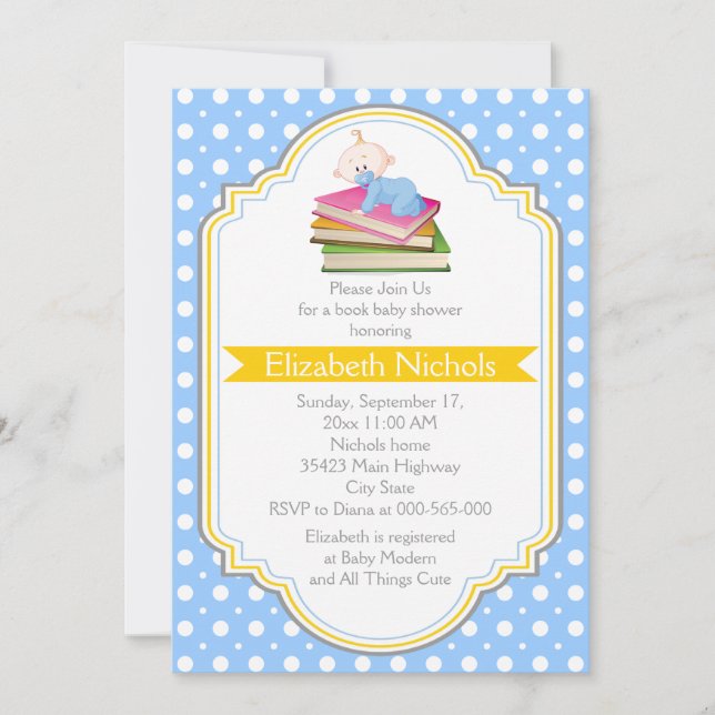 Book baby boy shower blue, white polka dot pattern invitation (Front)