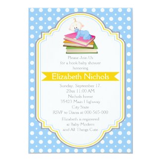 Book baby boy shower blue, white polka dot pattern 5x7 paper invitation card