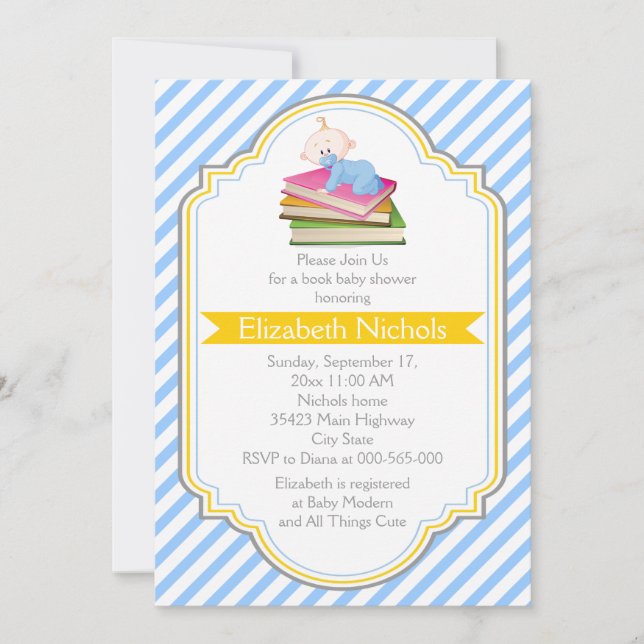 Book baby boy shower blue, white striped pattern invitation (Front)