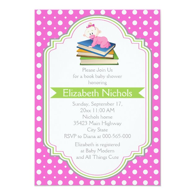 Book Baby Girl Shower Pink White Polka Dot Pattern Invitation