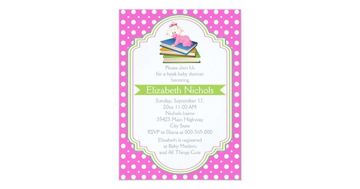 Book Baby Girl Shower Pink White Polka Dot Pattern Invitation