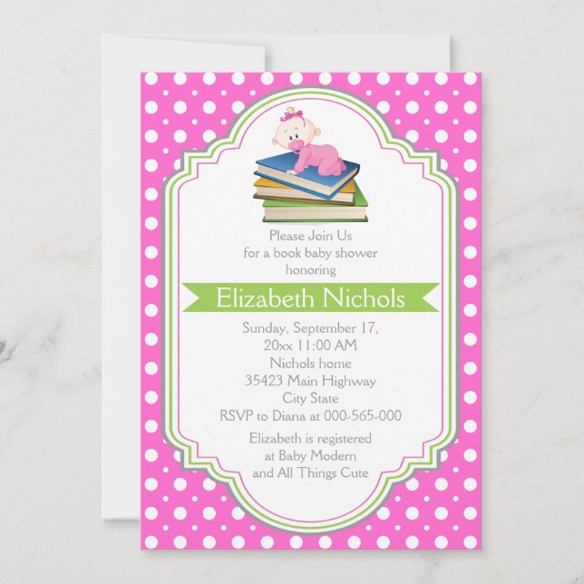 Book baby girl shower pink white polka dot pattern invitation (Front)