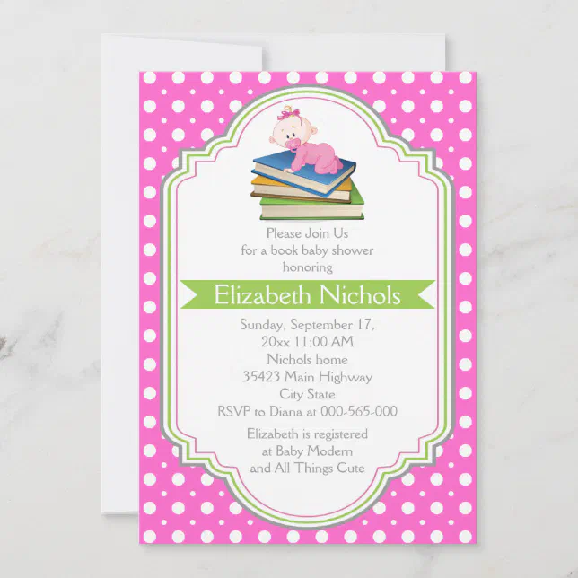 Book baby girl shower pink white polka dot pattern invitation Zazzle