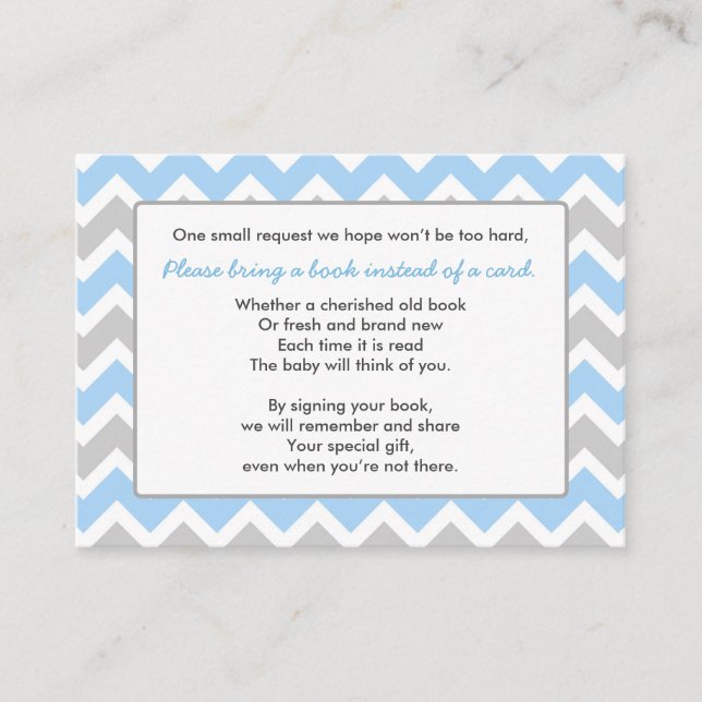 Book Baby Shower insert card boy blue gray chevron (Front)