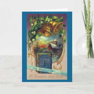 Book, Bells and Mistletoe Vintage New Year Holiday Card