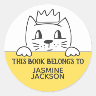 Book belongs to cute cat w/ crown yellow & white classic round sticker