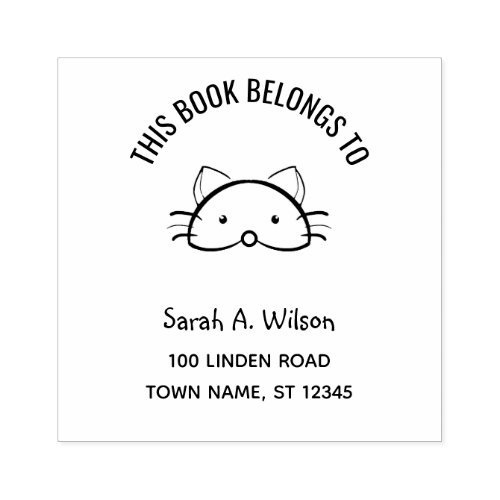 Book Belongs to Name Address Bookplate Funny Cat Rubber Stamp