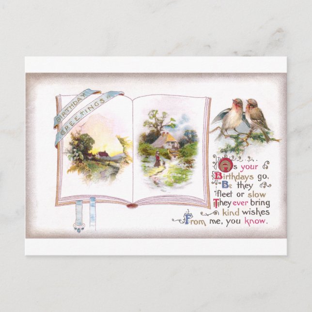 Book & Birds Vintage Birthday Card (Front)