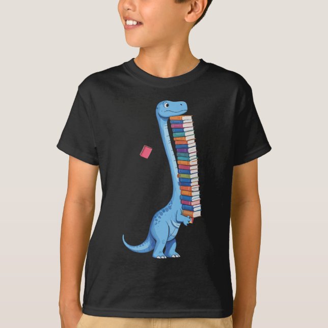 Book Carrying Dinosaur Reading Dino  T-Shirt (Front)