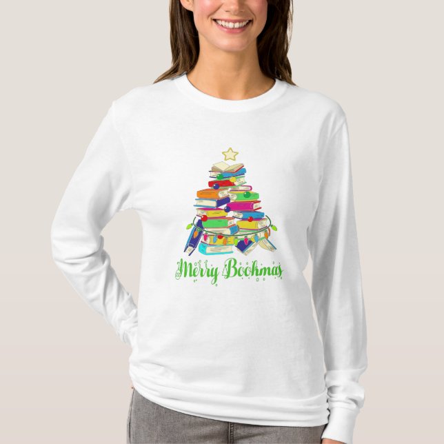Book Christmas Tree, Book Lover Christmas T-Shirt (Front)