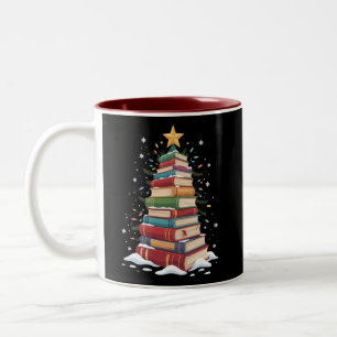 Book Christmas Tree Book Lover Teacher Librarian Two-Tone Coffee Mug