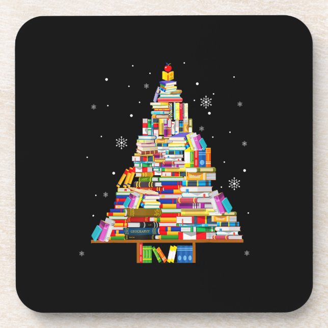 book christmas tree librarian book lovers xmas beverage coaster (Front)
